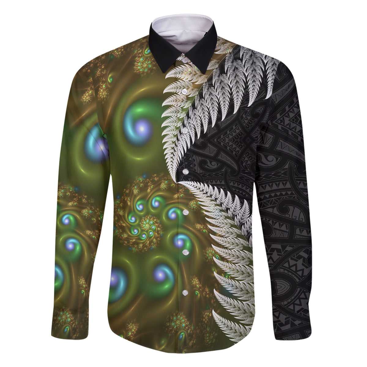 New Zealand Family Matching Summer Maxi Dress and Hawaiian Shirt Koru Abstract Art and Silver Fern Maori Pattern LT03 Dad's Shirt - Long Sleeve Green - Polynesian Pride