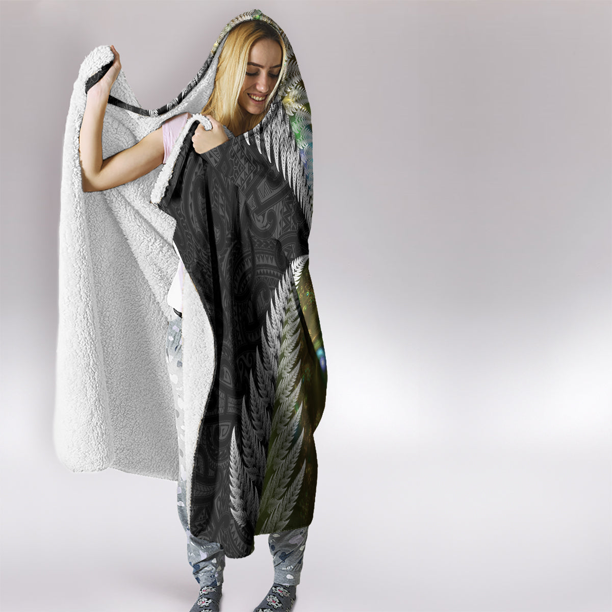 New Zealand Hooded Blanket Koru Abstract Art and Silver Fern Maori Pattern
