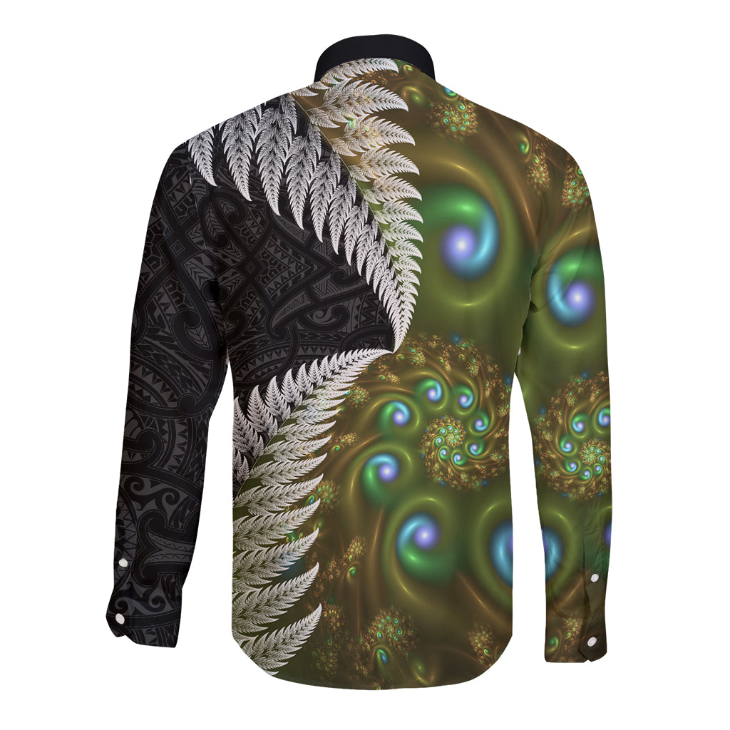 New Zealand Long Sleeve Button Shirt Koru Abstract Art and Silver Fern Maori Pattern LT03 - Polynesian Pride