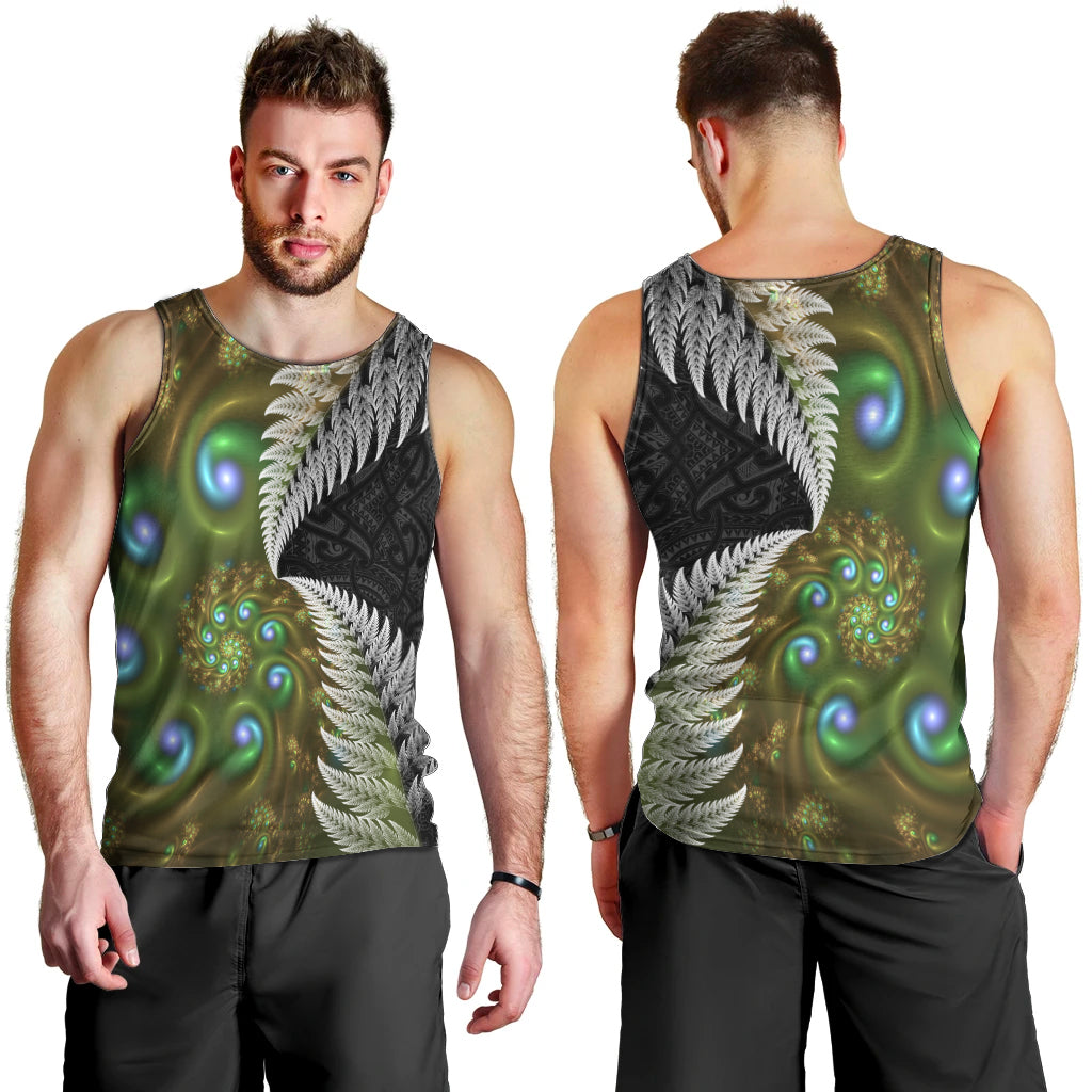 New Zealand Men Tank Top Koru Abstract Art and Silver Fern Maori Pattern LT03 - Polynesian Pride