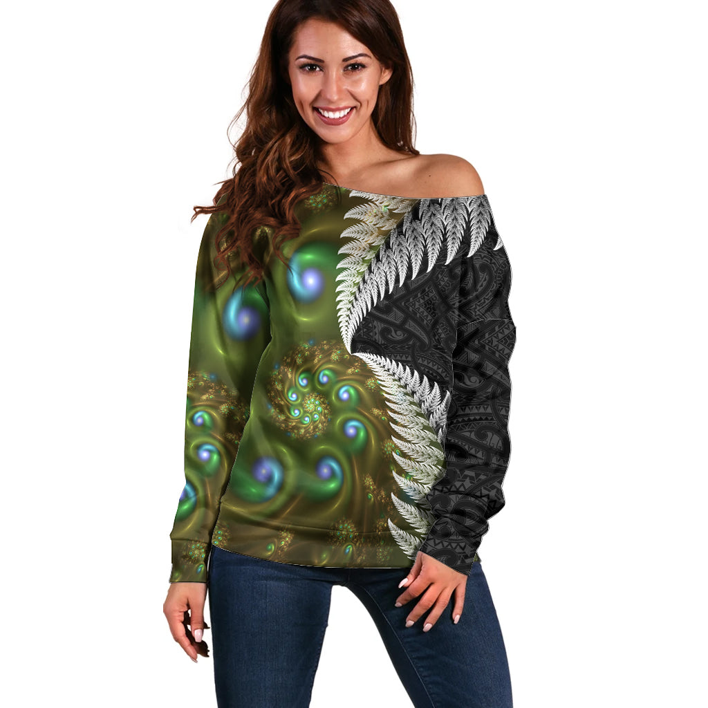 New Zealand Off Shoulder Sweater Koru Abstract Art and Silver Fern Maori Pattern LT03 Women Green - Polynesian Pride