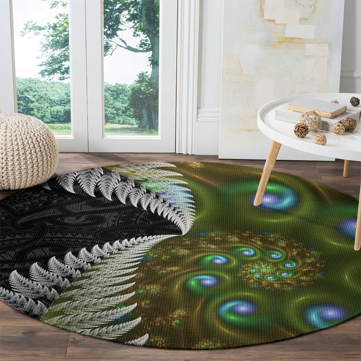 New Zealand Round Carpet Koru Abstract Art and Silver Fern Maori Pattern