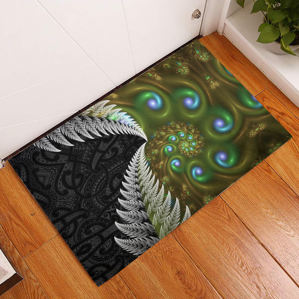 New Zealand Rubber Doormat Koru Abstract Art and Silver Fern Maori Pattern