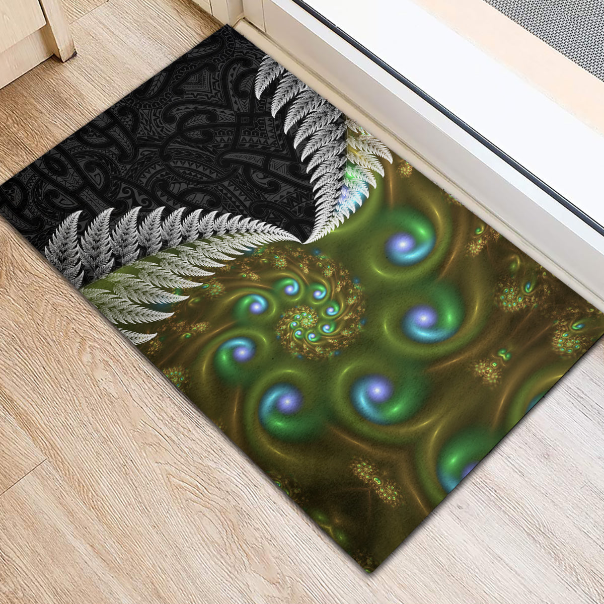 New Zealand Rubber Doormat Koru Abstract Art and Silver Fern Maori Pattern