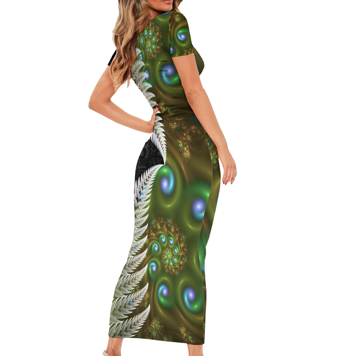 New Zealand Short Sleeve Bodycon Dress Koru Abstract Art and Silver Fern Maori Pattern LT03 - Polynesian Pride