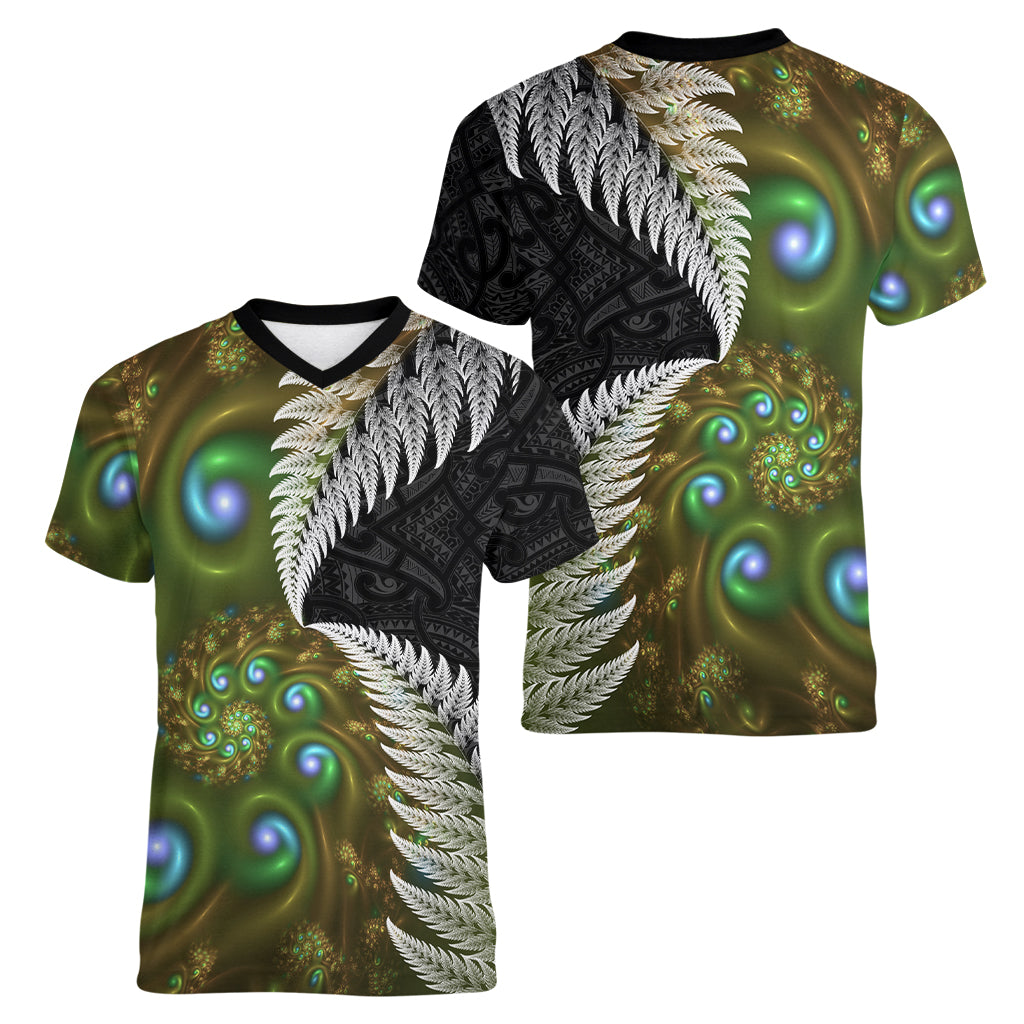 New Zealand Women V Neck T Shirt Koru Abstract Art and Silver Fern Maori Pattern LT03 - Polynesian Pride