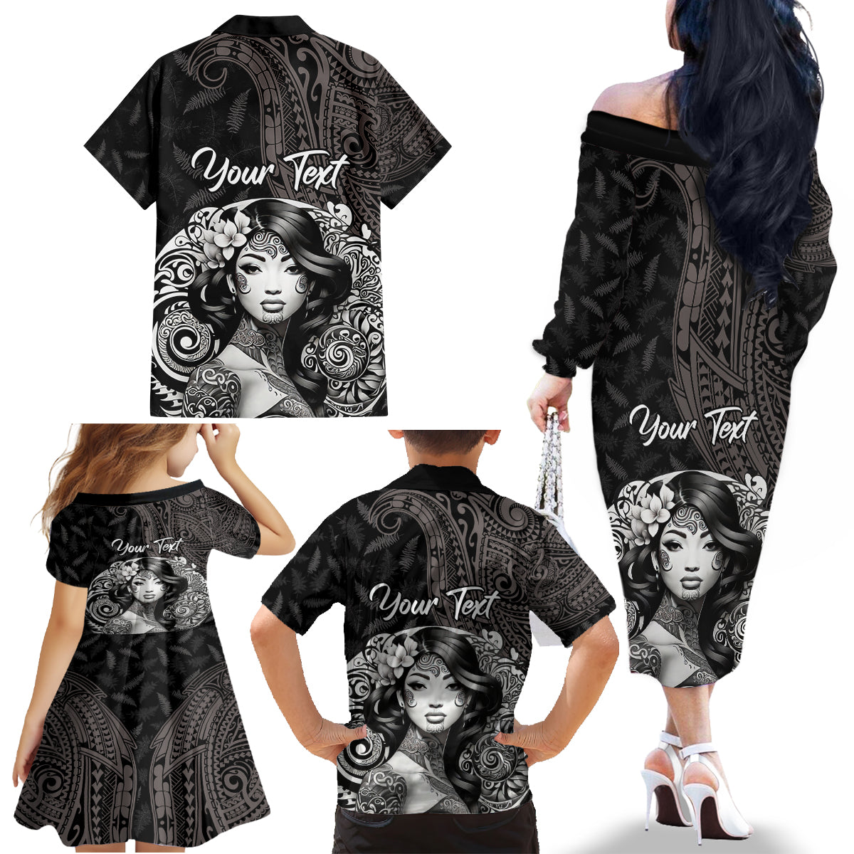 Custom New Zealand Women's Day Family Matching Off Shoulder Long Sleeve Dress and Hawaiian Shirt Maori Tribal Girl and Silver Fern Pattern LT03 - Polynesian Pride