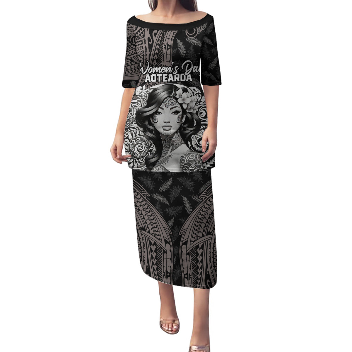 Custom New Zealand Women's Day Family Matching Puletasi and Hawaiian Shirt Maori Tribal Girl and Silver Fern Pattern LT03 Mom's Dress Black - Polynesian Pride
