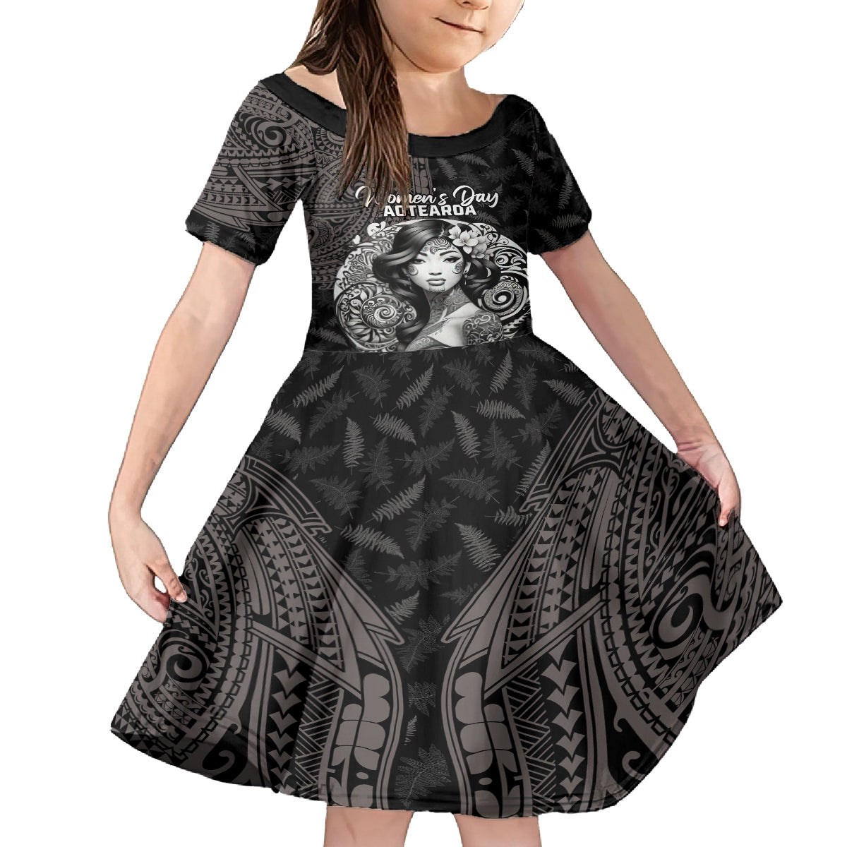 Custom New Zealand Women's Day Family Matching Tank Maxi Dress and Hawaiian Shirt Maori Tribal Girl and Silver Fern Pattern LT03 Daughter's Dress Black - Polynesian Pride
