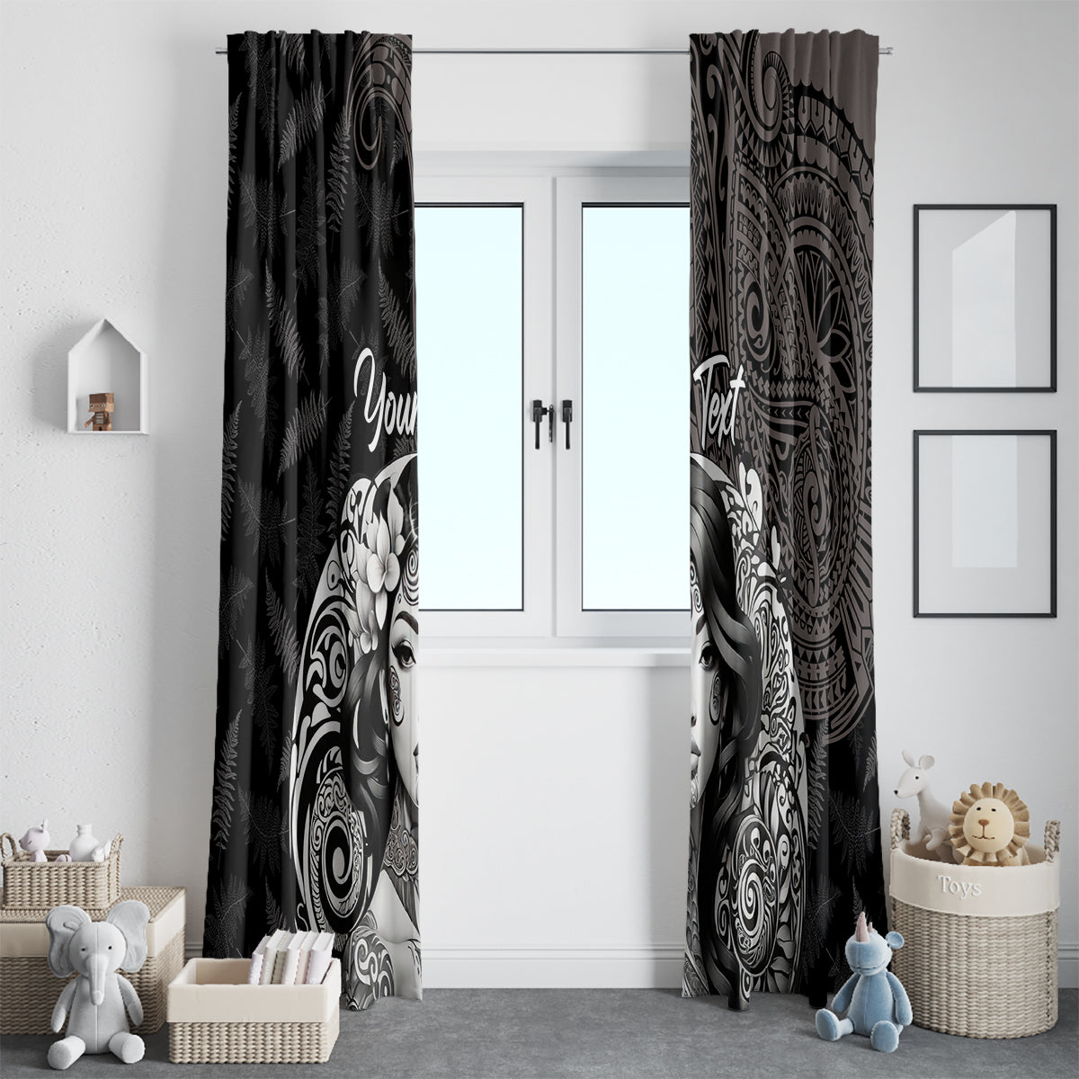 Custom New Zealand Women's Day Window Curtain Maori Tribal Girl and Silver Fern Pattern