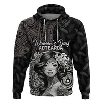 Custom New Zealand Women's Day Zip Hoodie Maori Tribal Girl and Silver Fern Pattern LT03 Pullover Hoodie Black - Polynesian Pride