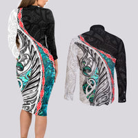 New Zealand Couples Matching Long Sleeve Bodycon Dress and Long Sleeve Button Shirt Manaia Fern and Koru Maori Pattern LT03 - Polynesian Pride