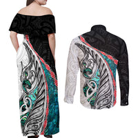 New Zealand Couples Matching Off Shoulder Maxi Dress and Long Sleeve Button Shirt Manaia Fern and Koru Maori Pattern LT03 - Polynesian Pride