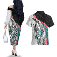 New Zealand Couples Matching Off The Shoulder Long Sleeve Dress and Hawaiian Shirt Manaia Fern and Koru Maori Pattern LT03 - Polynesian Pride