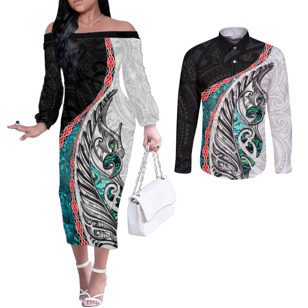 New Zealand Couples Matching Off The Shoulder Long Sleeve Dress and Long Sleeve Button Shirt Manaia Fern and Koru Maori Pattern LT03 Black - Polynesian Pride