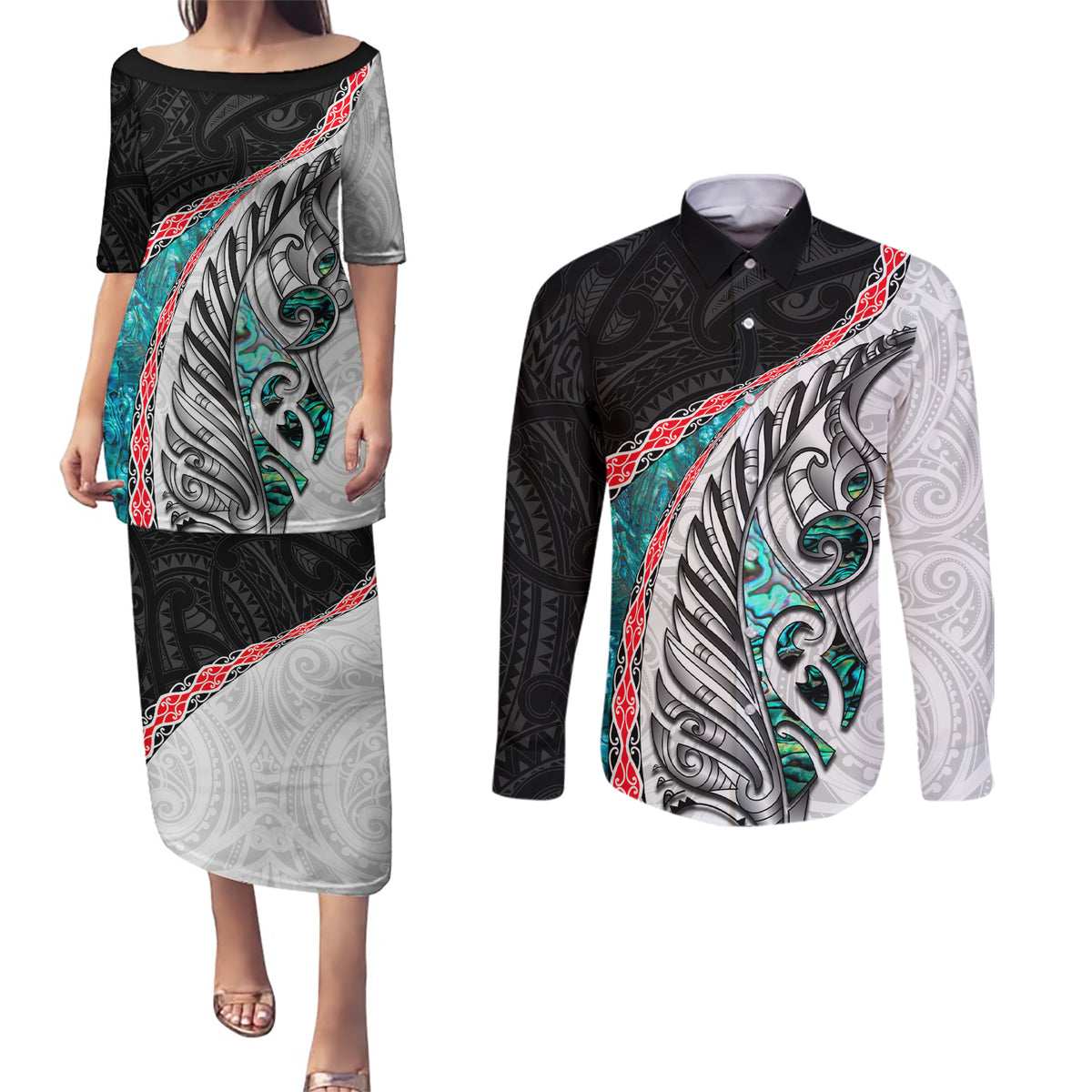 New Zealand Couples Matching Puletasi and Long Sleeve Button Shirt Manaia Fern and Koru Maori Pattern LT03 Black - Polynesian Pride