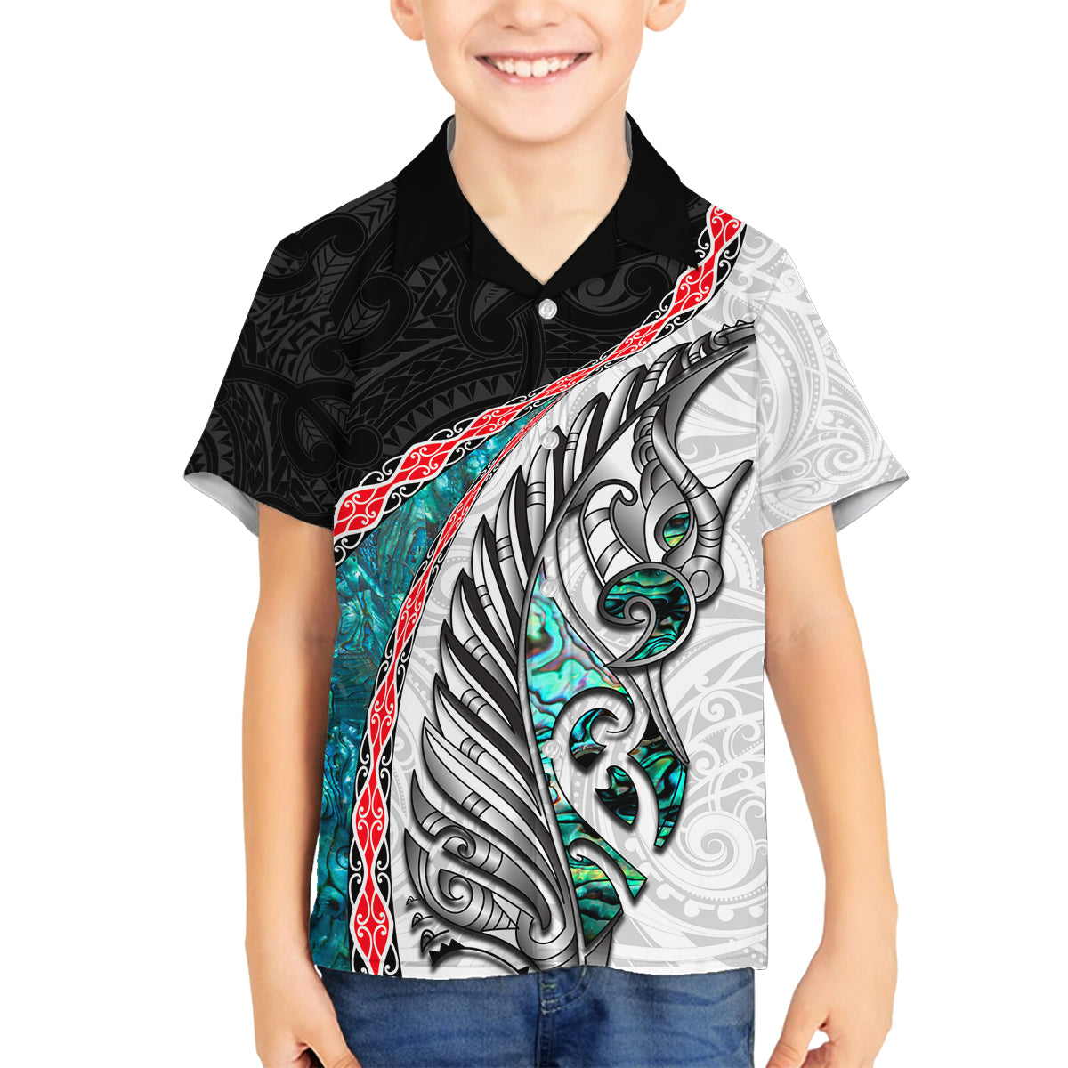 New Zealand Family Matching Summer Maxi Dress and Hawaiian Shirt Manaia Fern and Koru Maori Pattern LT03 Son's Shirt Black - Polynesian Pride
