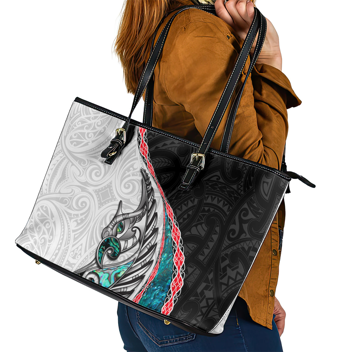 New Zealand Leather Tote Bag Manaia Fern and Koru Maori Pattern