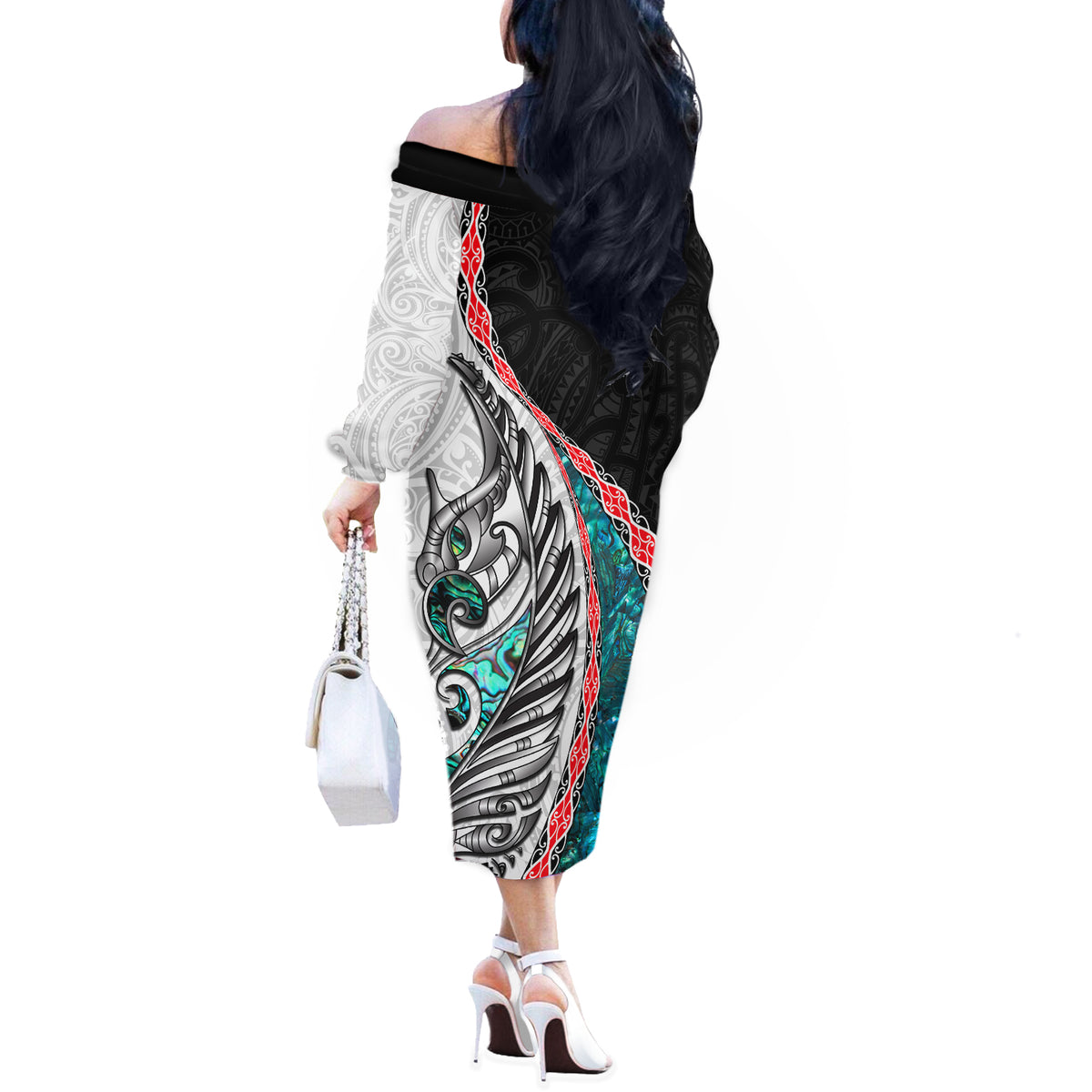 New Zealand Off The Shoulder Long Sleeve Dress Manaia Fern and Koru Maori Pattern LT03 - Polynesian Pride