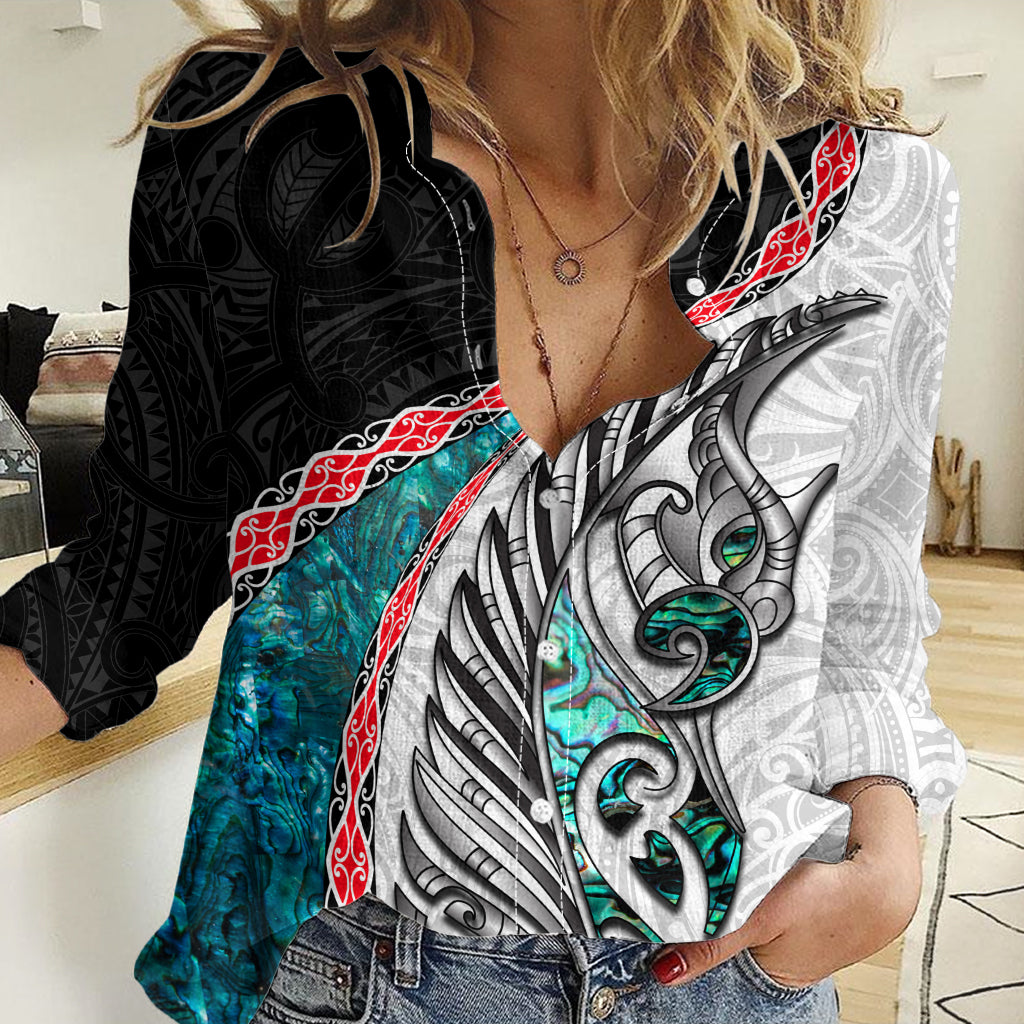 New Zealand Women Casual Shirt Manaia Fern and Koru Maori Pattern LT03 Female Black - Polynesian Pride