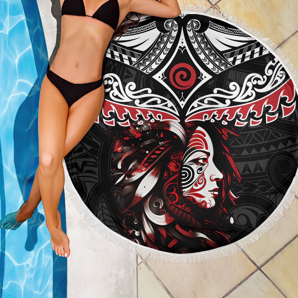 New Zealand Maori Girl Beach Blanket Silver Fern and Koru Pattern