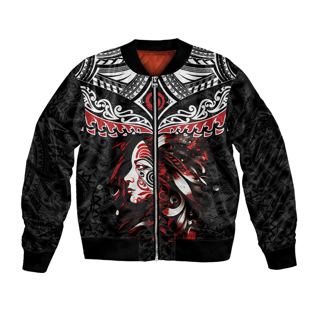 New Zealand Maori Girl Bomber Jacket Silver Fern and Koru Pattern LT03 Unisex Black - Polynesian Pride