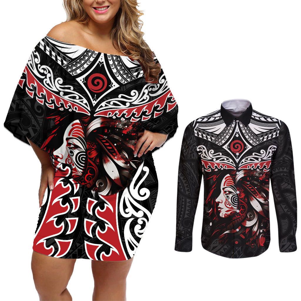 New Zealand Maori Girl Couples Matching Off Shoulder Short Dress and Long Sleeve Button Shirt Silver Fern and Koru Pattern LT03 Black - Polynesian Pride