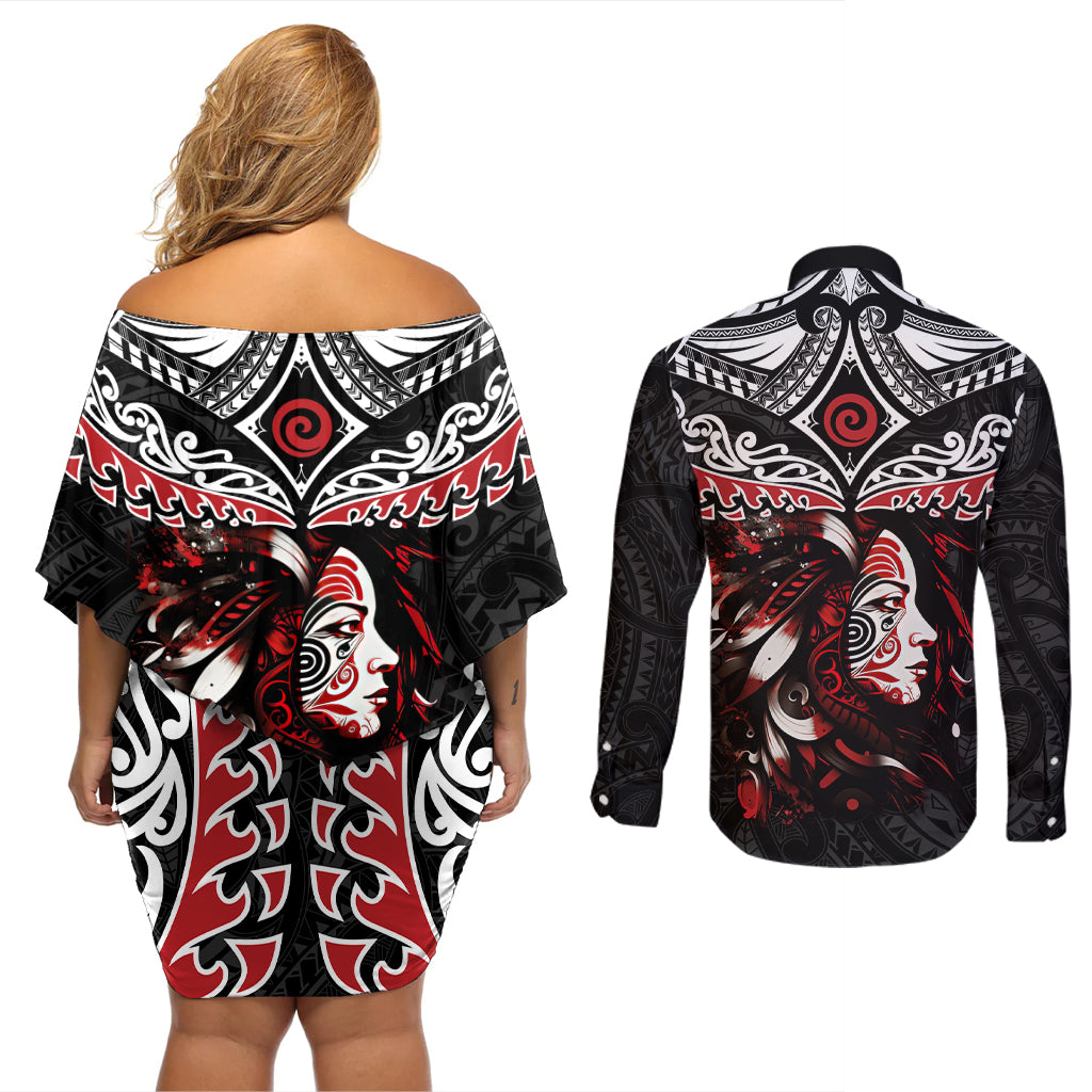 New Zealand Maori Girl Couples Matching Off Shoulder Short Dress and Long Sleeve Button Shirt Silver Fern and Koru Pattern LT03 - Polynesian Pride