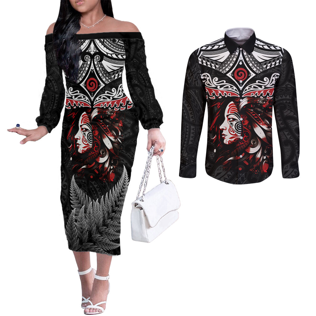 New Zealand Maori Girl Couples Matching Off The Shoulder Long Sleeve Dress and Long Sleeve Button Shirt Silver Fern and Koru Pattern LT03 Black - Polynesian Pride