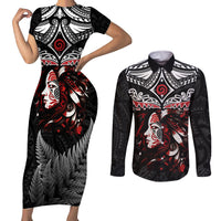 New Zealand Maori Girl Couples Matching Short Sleeve Bodycon Dress and Long Sleeve Button Shirt Silver Fern and Koru Pattern LT03 Black - Polynesian Pride