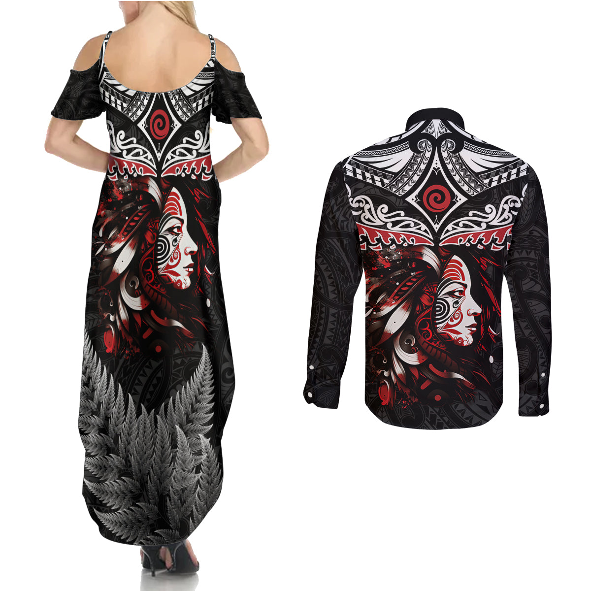 New Zealand Maori Girl Couples Matching Summer Maxi Dress and Long Sleeve Button Shirt Silver Fern and Koru Pattern LT03 - Polynesian Pride