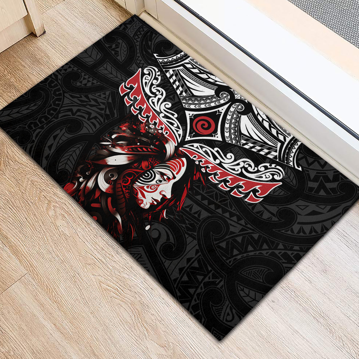 New Zealand Maori Girl Rubber Doormat Silver Fern and Koru Pattern