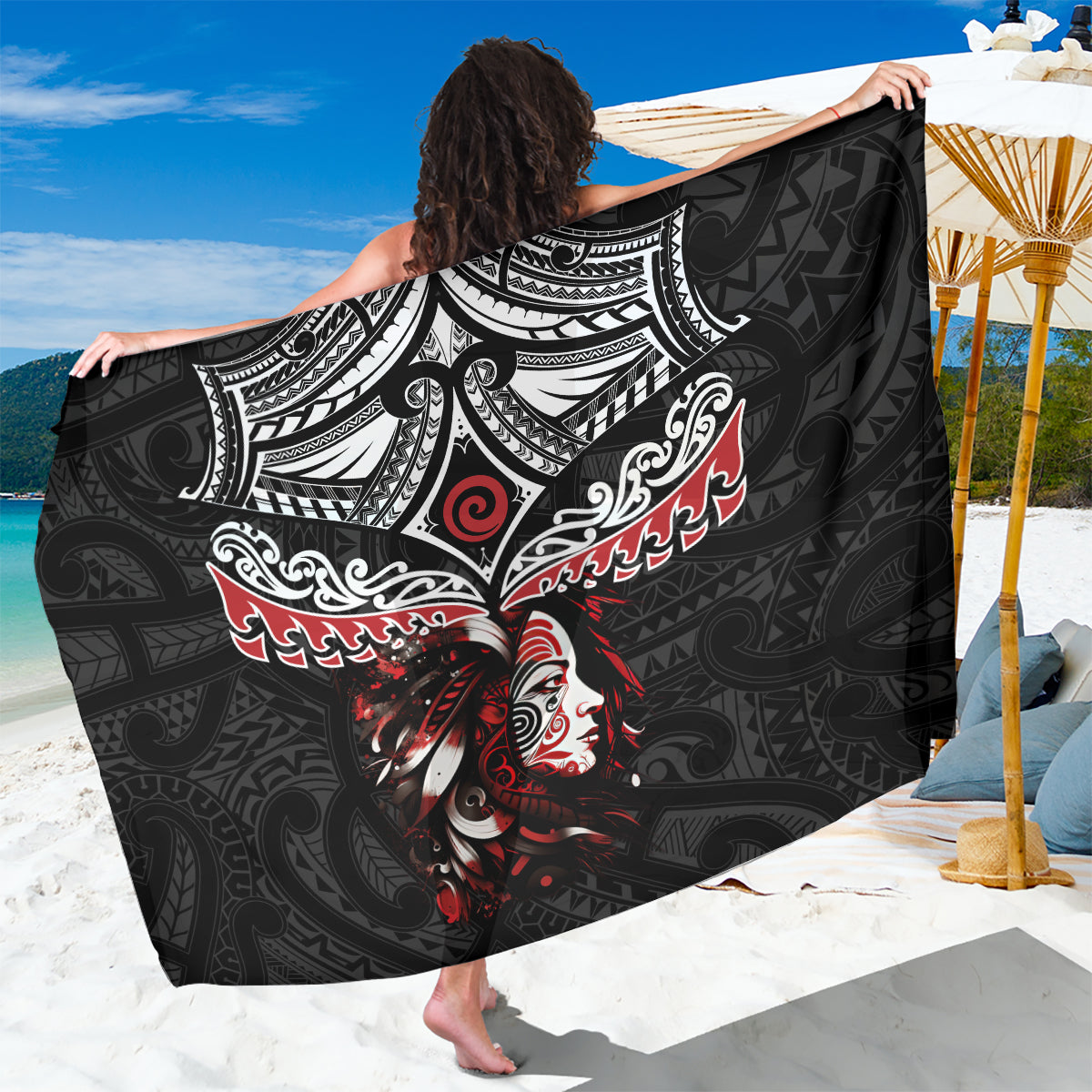 New Zealand Maori Girl Sarong Silver Fern and Koru Pattern