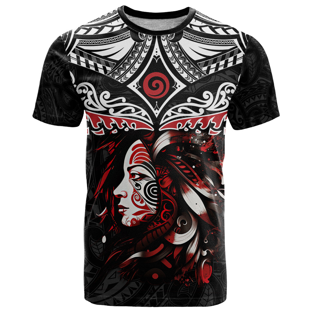 New Zealand Maori Girl T Shirt Silver Fern and Koru Pattern LT03 Black - Polynesian Pride