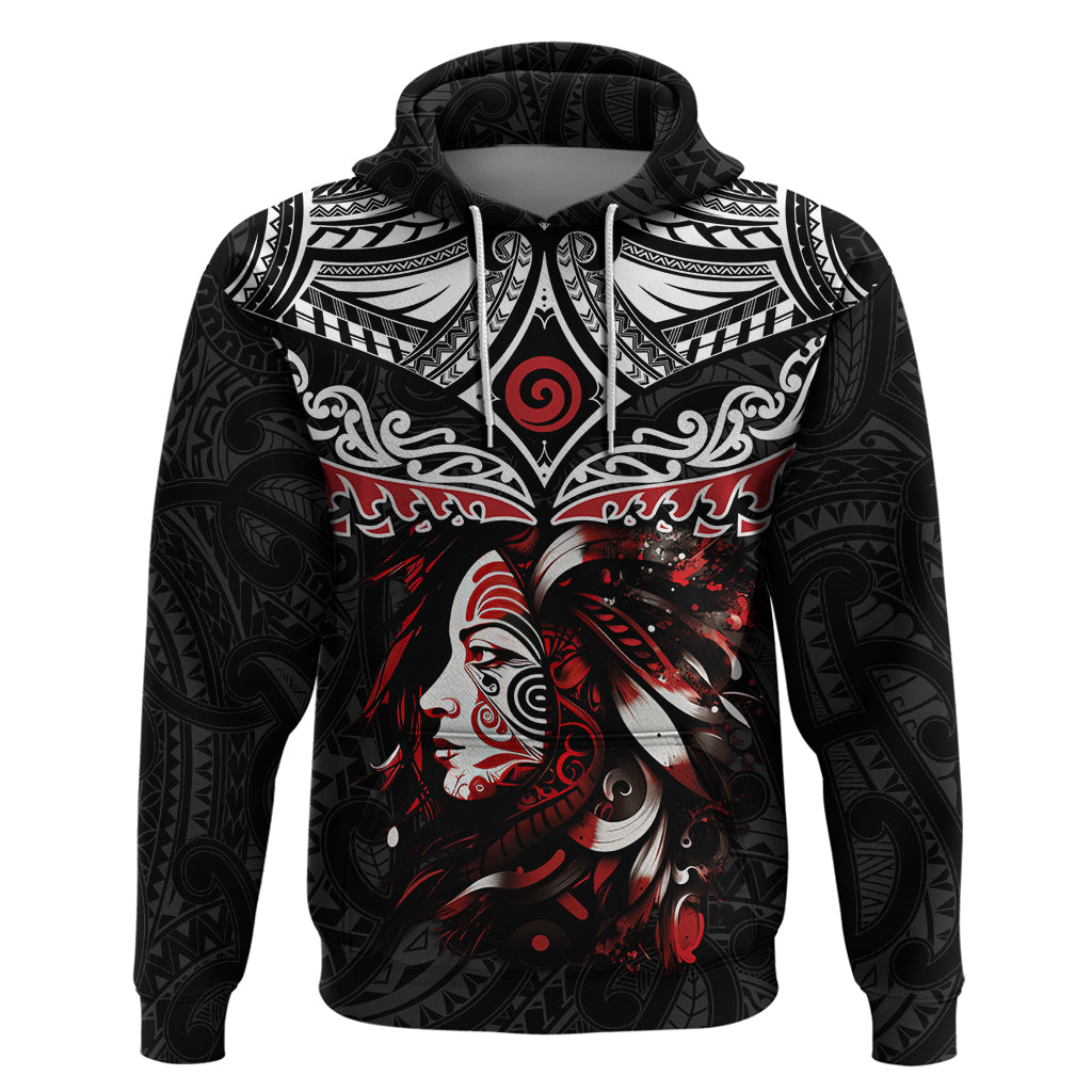 New Zealand Maori Girl Zip Hoodie Silver Fern and Koru Pattern LT03 Pullover Hoodie Black - Polynesian Pride