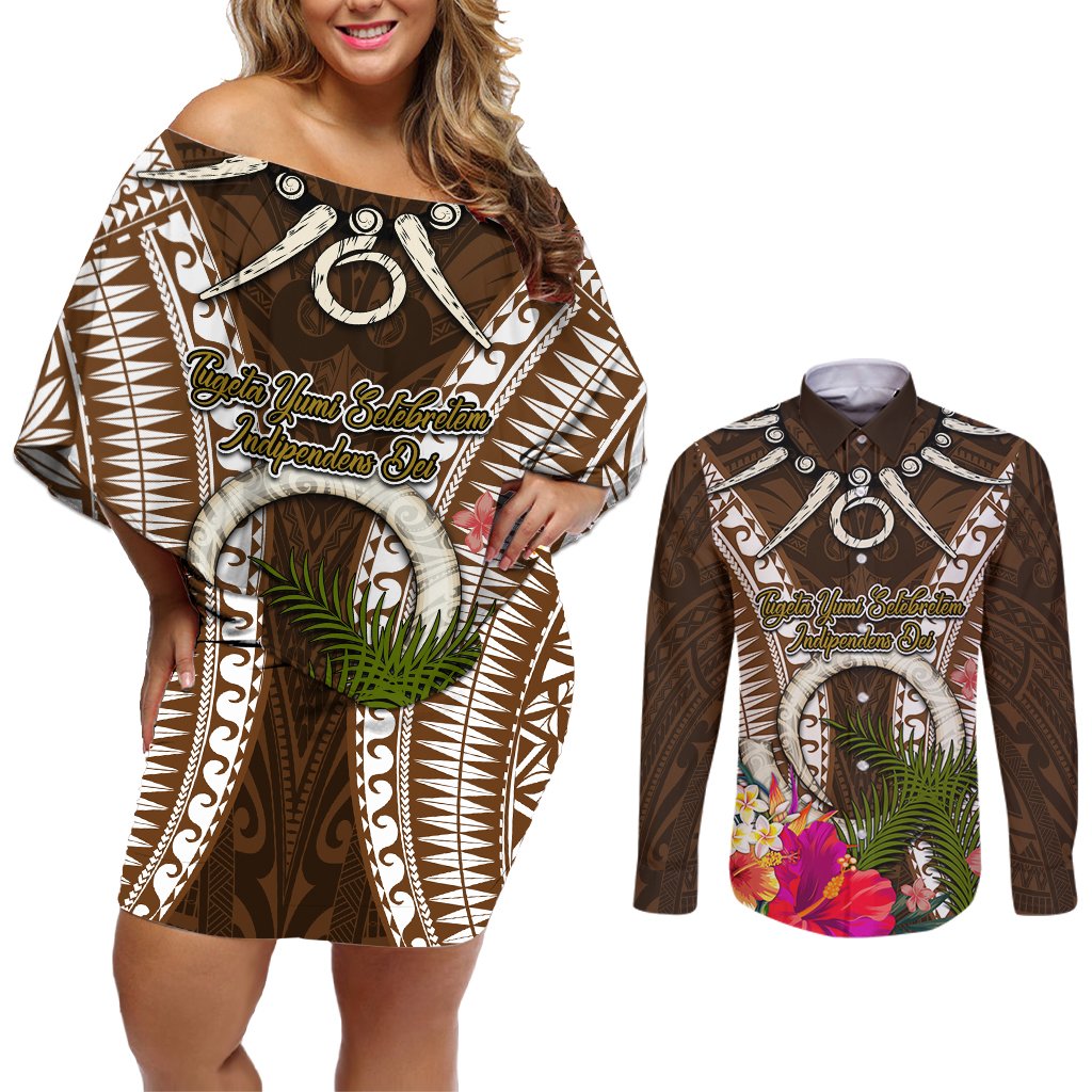 Vanuatu Selebretem 44th Indipendens Dei Couples Matching Off Shoulder Short Dress and Long Sleeve Button Shirt Yumi Pig Tusk and Namele Fern