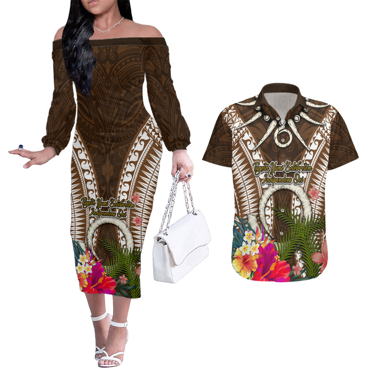 Vanuatu Selebretem 44th Indipendens Dei Couples Matching Off The Shoulder Long Sleeve Dress and Hawaiian Shirt Yumi Pig Tusk and Namele Fern