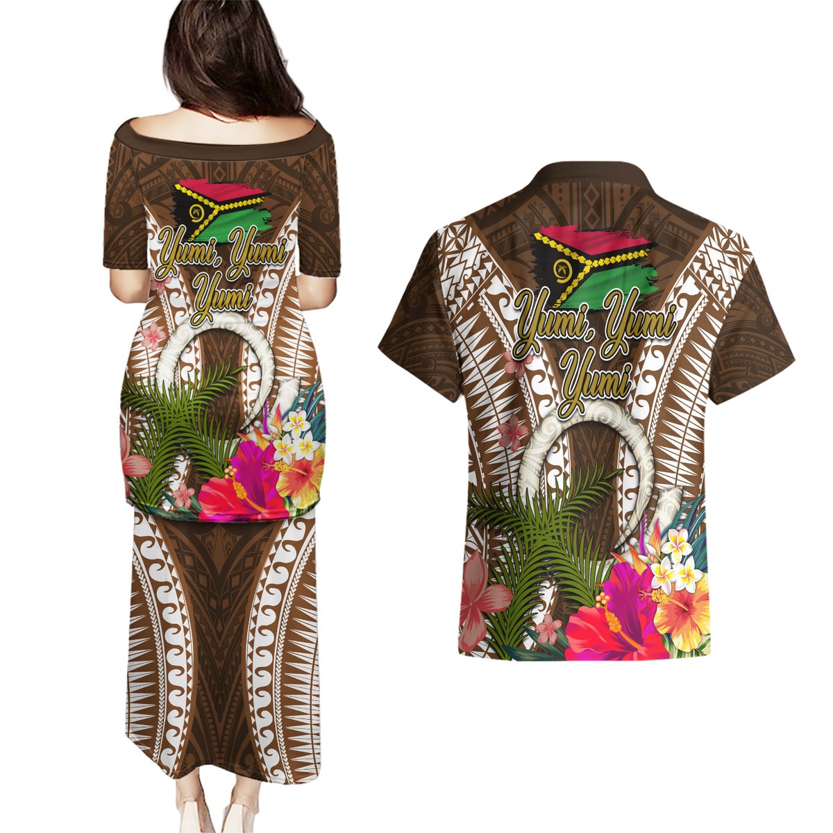 Vanuatu Selebretem 44th Indipendens Dei Couples Matching Puletasi and Hawaiian Shirt Yumi Pig Tusk and Namele Fern