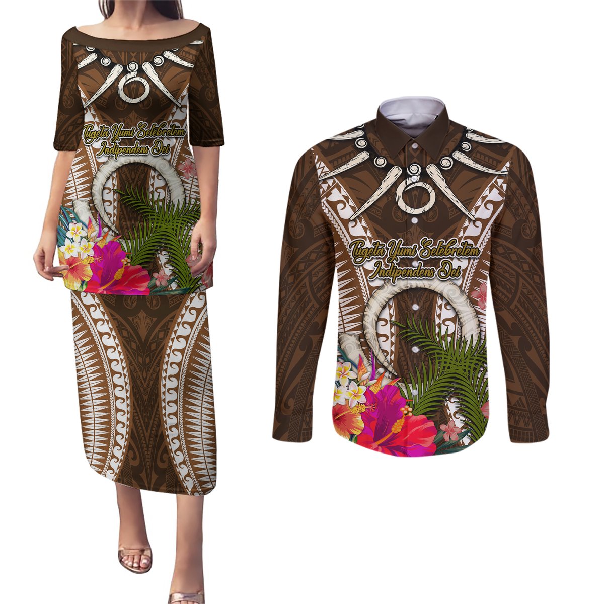 Vanuatu Selebretem 44th Indipendens Dei Couples Matching Puletasi and Long Sleeve Button Shirt Yumi Pig Tusk and Namele Fern