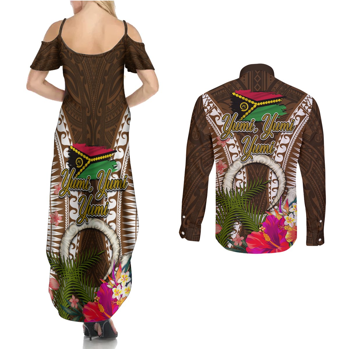 Vanuatu Selebretem 44th Indipendens Dei Couples Matching Summer Maxi Dress and Long Sleeve Button Shirt Yumi Pig Tusk and Namele Fern