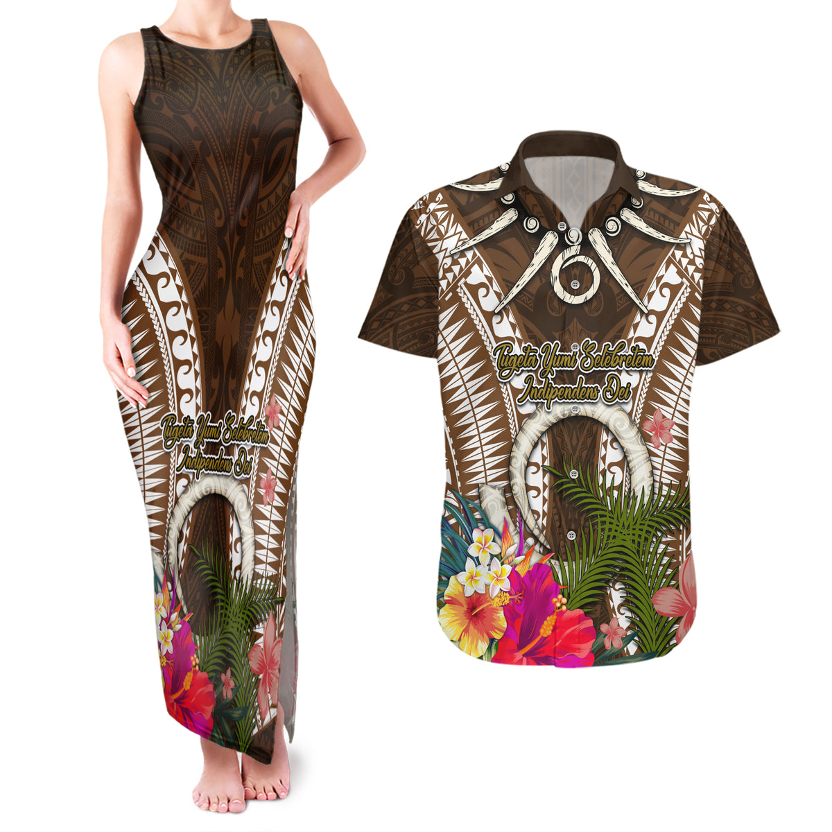 Vanuatu Selebretem 44th Indipendens Dei Couples Matching Tank Maxi Dress and Hawaiian Shirt Yumi Pig Tusk and Namele Fern