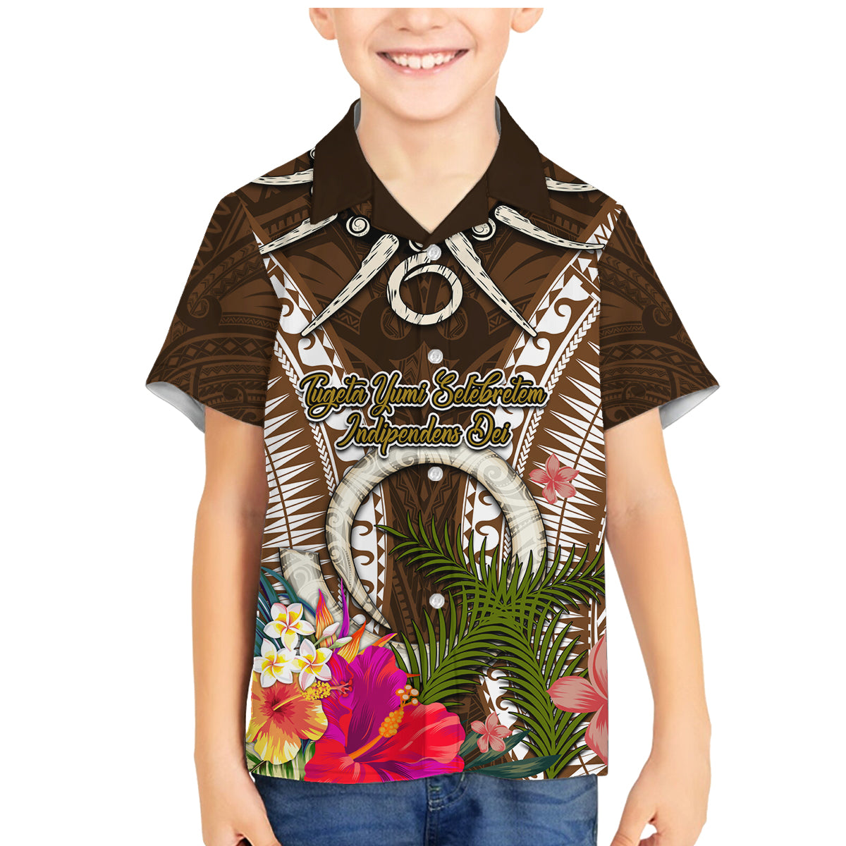 Vanuatu Selebretem 44th Indipendens Dei Family Matching Mermaid Dress and Hawaiian Shirt Yumi Pig Tusk and Namele Fern