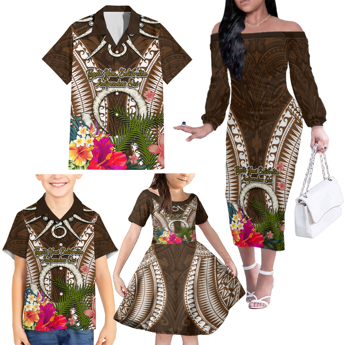 Vanuatu Selebretem 44th Indipendens Dei Family Matching Off The Shoulder Long Sleeve Dress and Hawaiian Shirt Yumi Pig Tusk and Namele Fern