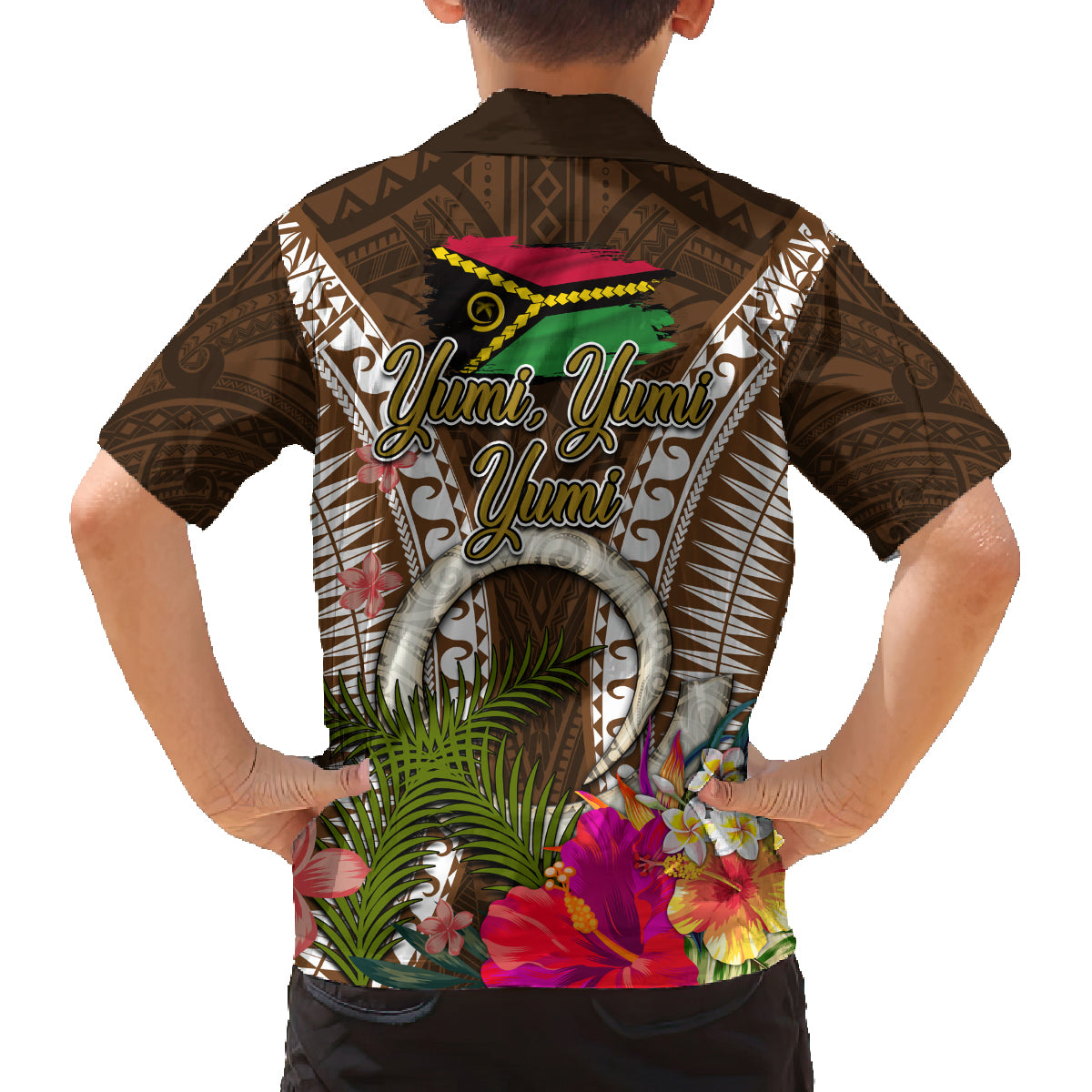 Vanuatu Selebretem 44th Indipendens Dei Family Matching Off Shoulder Short Dress and Hawaiian Shirt Yumi Pig Tusk and Namele Fern LT03 - Polynesian Pride