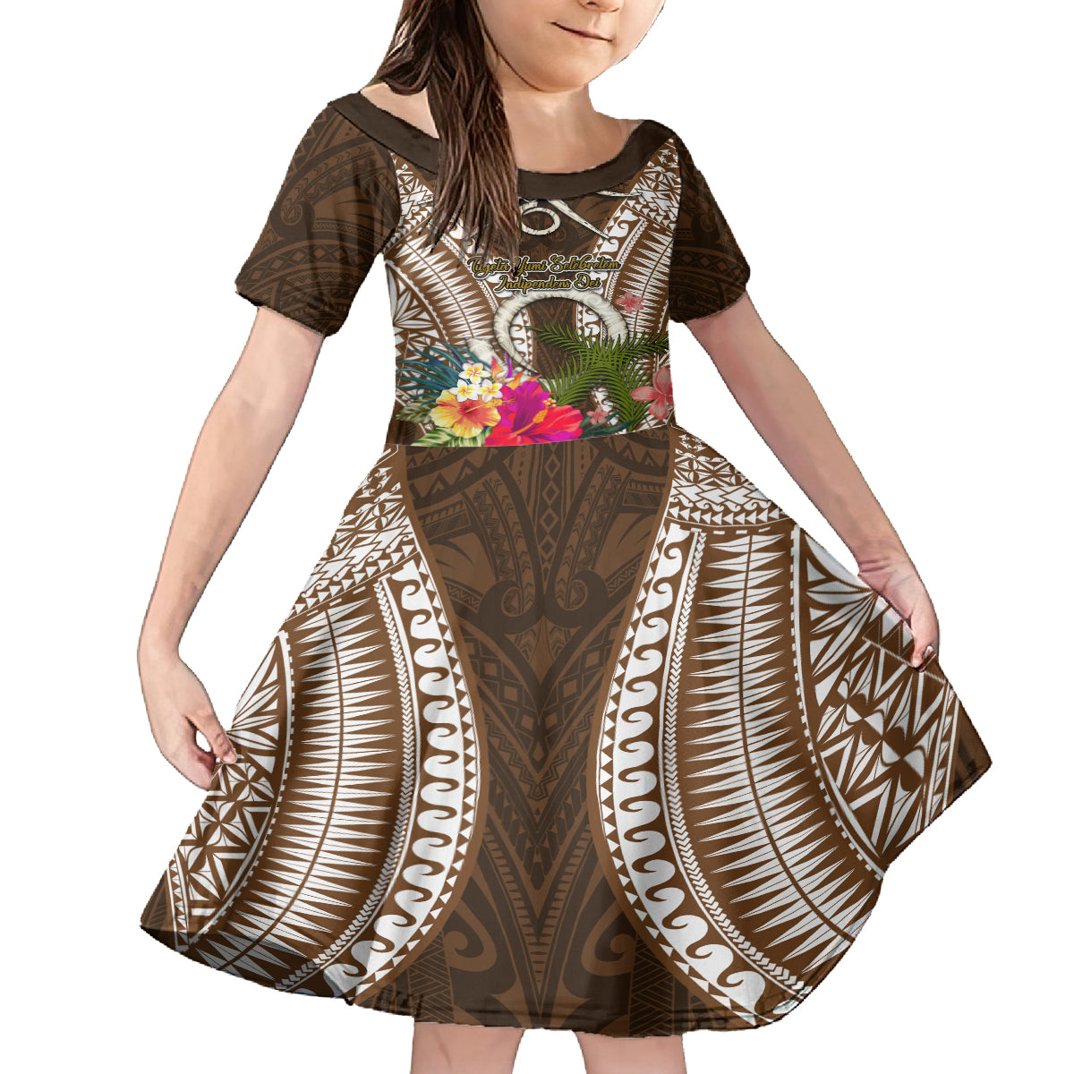 Vanuatu Selebretem 44th Indipendens Dei Family Matching Off Shoulder Short Dress and Hawaiian Shirt Yumi Pig Tusk and Namele Fern LT03 Daughter's Dress Brown - Polynesian Pride
