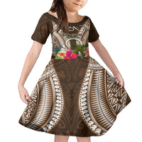 Vanuatu Selebretem 44th Indipendens Dei Family Matching Off Shoulder Short Dress and Hawaiian Shirt Yumi Pig Tusk and Namele Fern LT03 Daughter's Dress Brown - Polynesian Pride