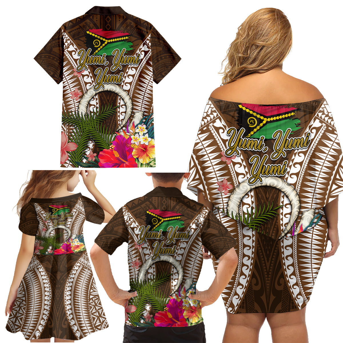 Vanuatu Selebretem 44th Indipendens Dei Family Matching Off Shoulder Short Dress and Hawaiian Shirt Yumi Pig Tusk and Namele Fern LT03 - Polynesian Pride