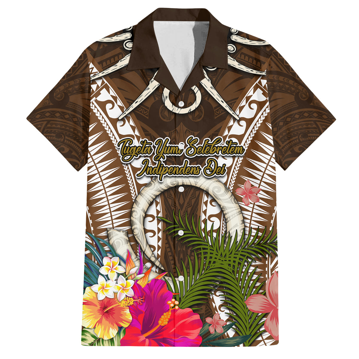 Vanuatu Selebretem 44th Indipendens Dei Family Matching Off Shoulder Short Dress and Hawaiian Shirt Yumi Pig Tusk and Namele Fern LT03 Dad's Shirt - Short Sleeve Brown - Polynesian Pride