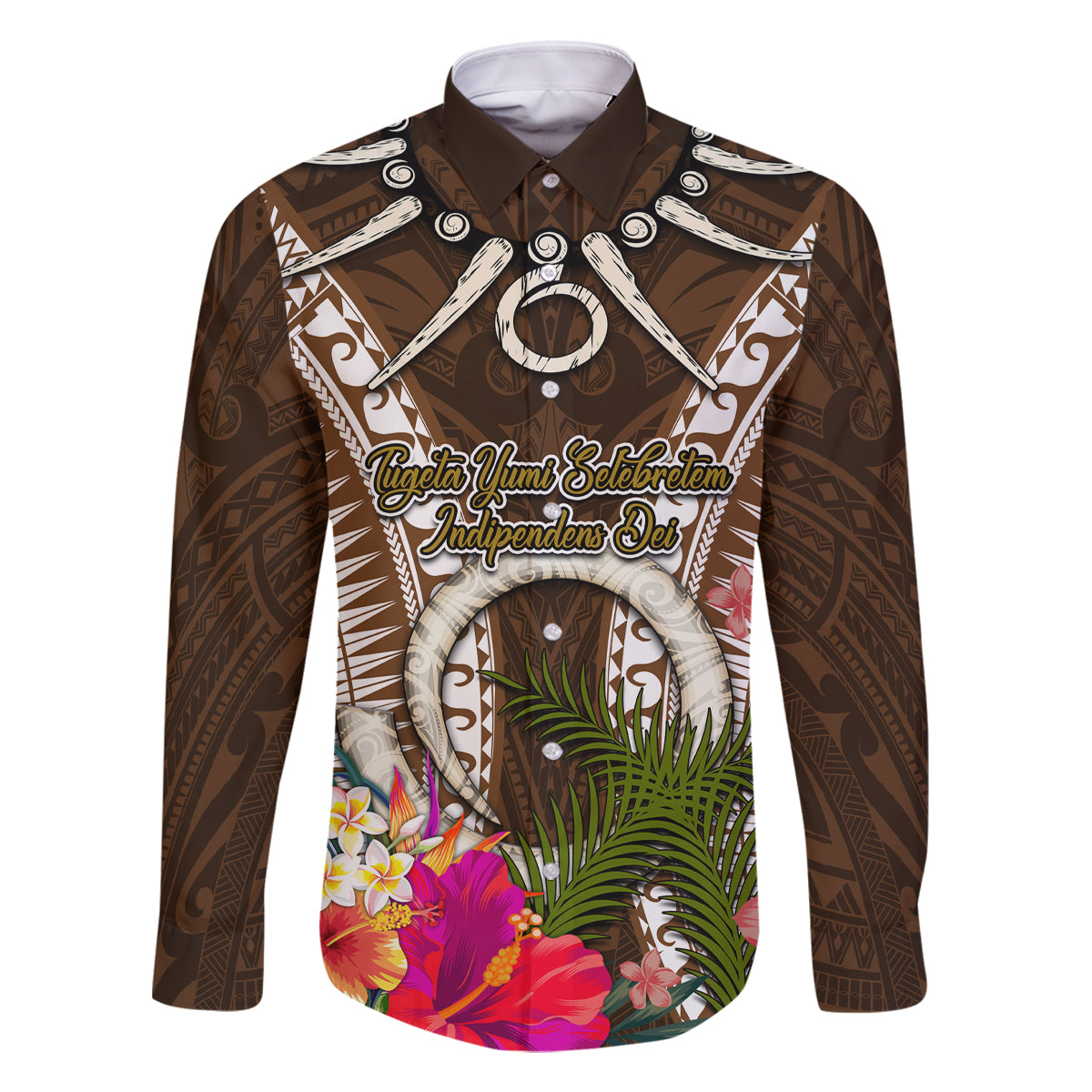 Vanuatu Selebretem 44th Indipendens Dei Family Matching Off Shoulder Short Dress and Hawaiian Shirt Yumi Pig Tusk and Namele Fern LT03 Dad's Shirt - Long Sleeve Brown - Polynesian Pride
