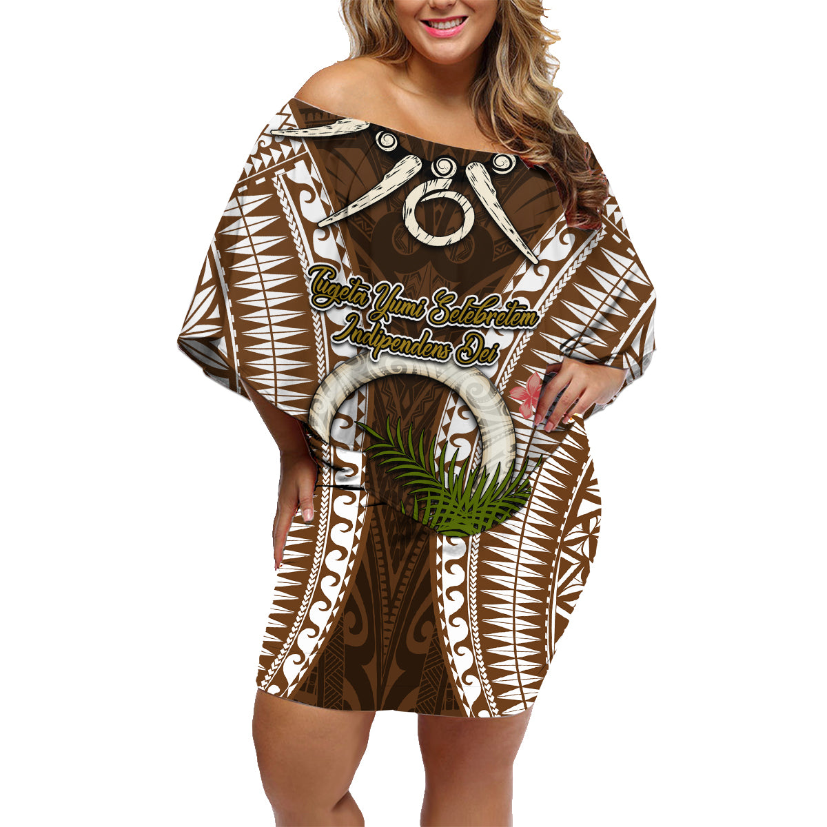Vanuatu Selebretem 44th Indipendens Dei Family Matching Off Shoulder Short Dress and Hawaiian Shirt Yumi Pig Tusk and Namele Fern LT03 Mom's Dress Brown - Polynesian Pride